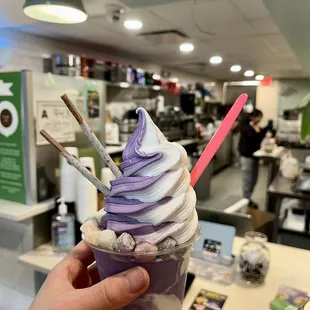 Soft Soft-Serve Cup (vanilla and ube with pocky sticks and mochi)