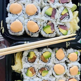 Spicy Crab Avocado Roll, Pepper Tuna Avocado Roll, Spicy Crab Cream Cheese Roll and Seared Salmon Avocado Roll