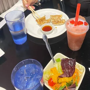 Gyoza, salad, strawberry slush (no milk)