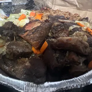 Jerk Pork, rice and beans and Steamed Vegetables