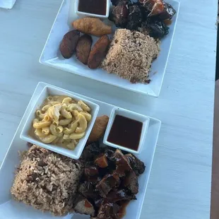 Top: jerk chicken with festival, plantains, &amp; rice with peas  Bottom: jerk pork with festival, Mac &amp; cheese, &amp; rice with peas