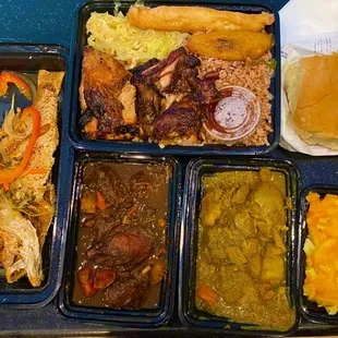 take out - small sized - escovitch snapper, curry cx, brown stew cx, cocoa bread, Mac-n-chz and jerk cx platter