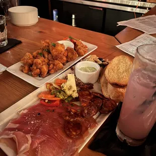 Fried Cauliflower, Charcuterie Board, San Miguel (drink)