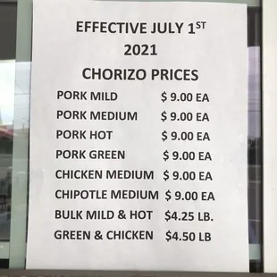 Chorizo prices