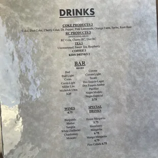 a menu for drinks