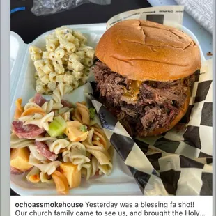 Brisket sando, pasta salad, and macaroni salad.
