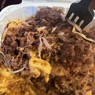 My favorite bowl! Brisket or pulled pork inn to of hatch Chile macaroni and cheese