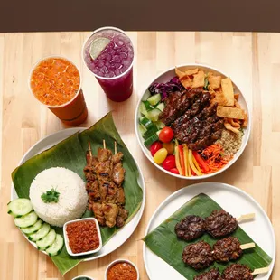 Satay (Chicken) Rice bowl, Moo Ping (Pork) Salad, Moo Ping