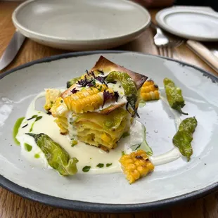 Brentwood corn lasagna, shishito peppers