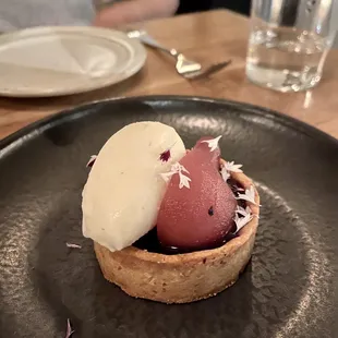 Off menu - super cool fruit tart featuring pears. Pear sherbet and pear on top, tart on the bottom with Hennessy flavors as well!