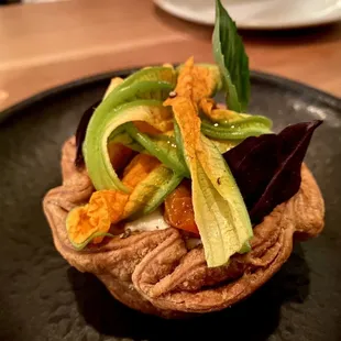 ratatouille TART, ricotta, squash blossom, demi-sec tomatoes