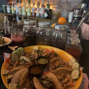Shrimp, chicken and mushroom tacos.