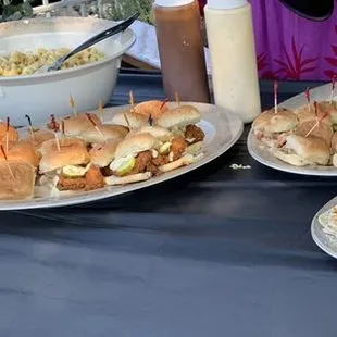 The spread for my son's graduation party was delicious: pulled pork and fried chicken sandwiches, mac &amp; cheese, tacos, and salad.