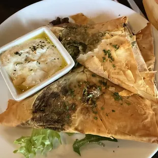 Spinach pie, lamb meatballs