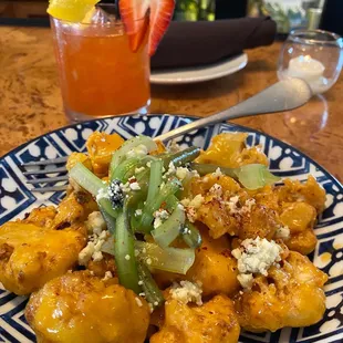 Cry Baby Cauliflower: Crispy Fried, Hot Sauce, Celery Salad, Pickled Green Bean, Wildfire Blue Cheese (gluten free)
