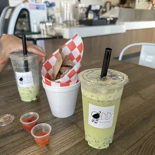 Thai green milk tea with crystal boba 6.5/10, squid balls 2/10