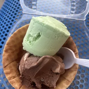 Pistachio and Rocky Road in waffle bowl!
