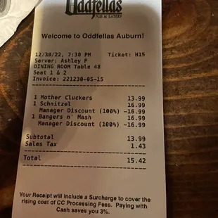 a receipt for a drink