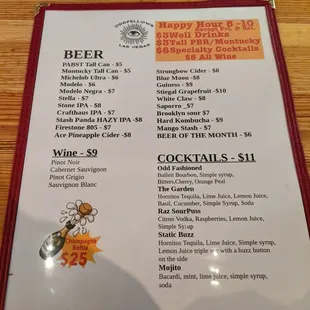 Menu of drinks, and happy hour