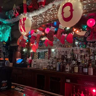 a bar decorated for christmas