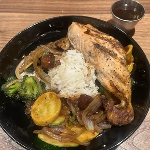 Veggie stir fry with added salmon