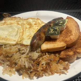 American breakfast with the banger sausage