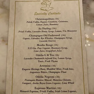 Cocktail menu