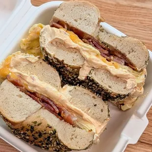 Bacon, Egg, and Cheese on a Furikake Bagel with Calabrian Chili Cream Cheese