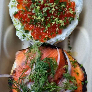 Salmon Roe and Pastrami Lox on Furikake Bagel