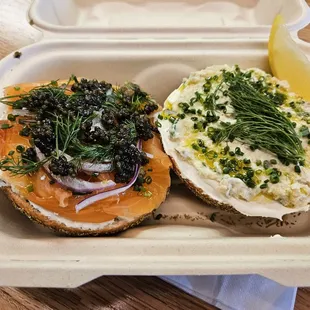 Nova Lox with Kaluga caviar on left &amp; Whitefish on right (both on Rosemary bagel)