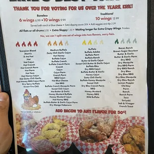 Menu, wings flavors