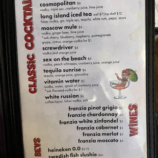 Drinks menu