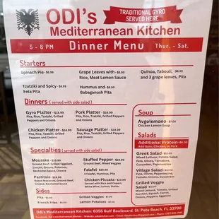 Dinner menu Thursday-Saturday