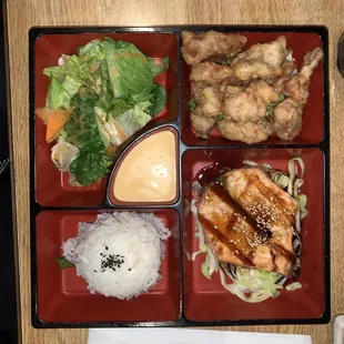 chicken karrage and Salmon Teriyaki bento