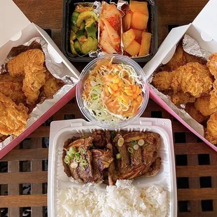 DELIVERY (L to R): 1/2 Original KFC ($15.95+$2 Supreme Sauce), Galbi w/ rice, banchan ($28.95), 1/2 Extreme Chili Soy KFC ($14.95)