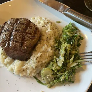 Filet with risotto and Brussels sprouts