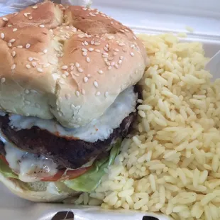 Excellent burger with rice.