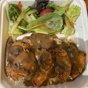 Crispy chicken over brown rice