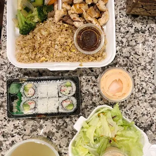 Chicken hibachi, side salad, miso soup, and California roll