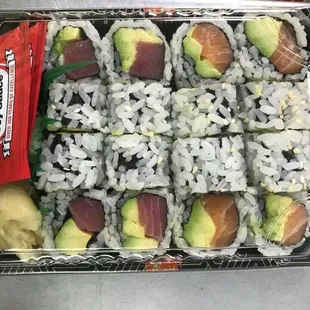 a tray of sushi