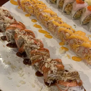 Tornado roll, spicy crab roll, king salmon roll.
