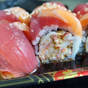 $14.50 Mars special roll (crawfish topped with salmon and tuna)