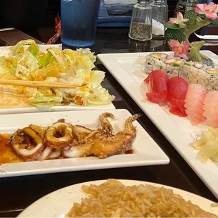 BBQ Squid, sashimi, California rolls,