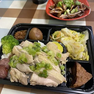Scallion chicken bento  Crystal pig ears  Braised pork rice