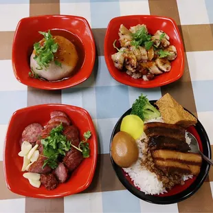 Taiwanese meat ball, Peanut glutinous rice sausage, Taiwanese sausage, Soy-stewed pork with rice.