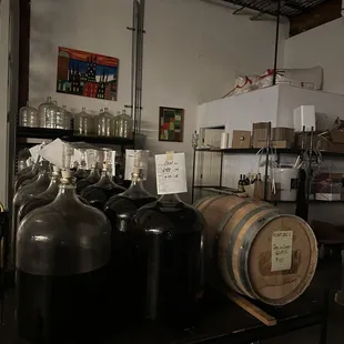 a row of kegs and barrels