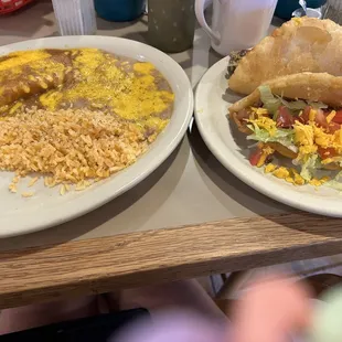 Cheese enchilada and 2 puffy tacos