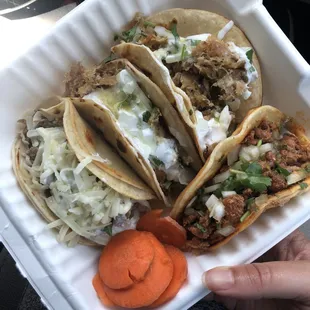 Carnitas, carne asada, and al pastor tacos. Best tacos in Fremont!