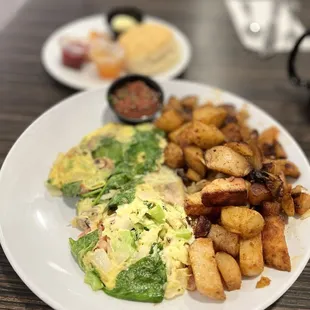 Garden omelette, and home fried potatoes