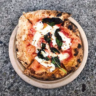 Mozzeria - Pizza in Sign Language Truck, Margarita Pizza, size of a paper plate for 10$ but tasted awesome!